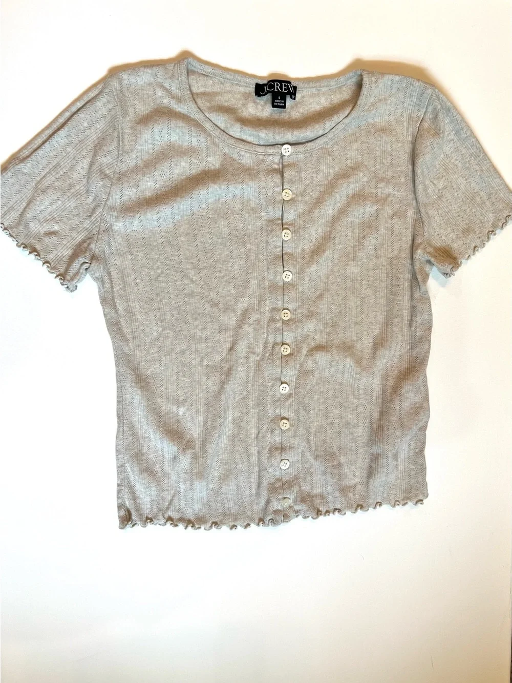 J. Crew Short Sleeve Button-Front Ribbed Top in Light Gray